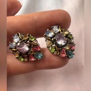 Hollycraft Signed VTG 1950 Multicolored Pastel Rhinestone Screw Back Earrings